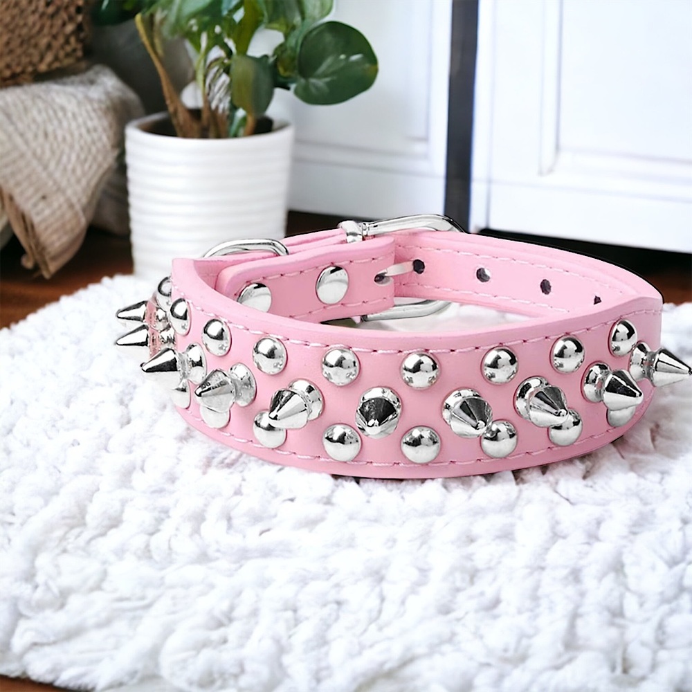 Light Pink Studded Spiked Leather Dog Collar or Cat Collar - Small (PU Leather)